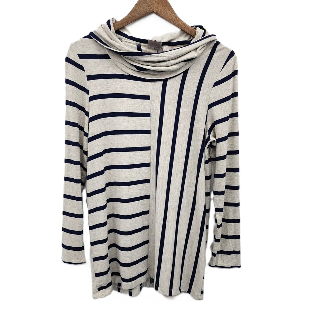 Chico's Womens S Navy Beige Mixed Stripe Cowl Neck Long Sleeve Top